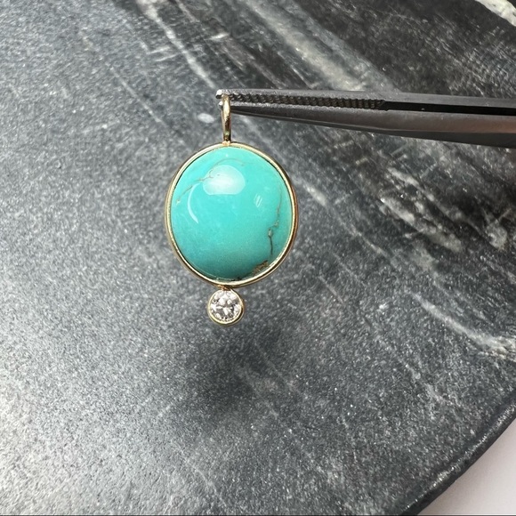 Persian Turquoise Old Mine Cut Diamond Solid 14K Gold Pendant Charm - Picture 2 of 5
